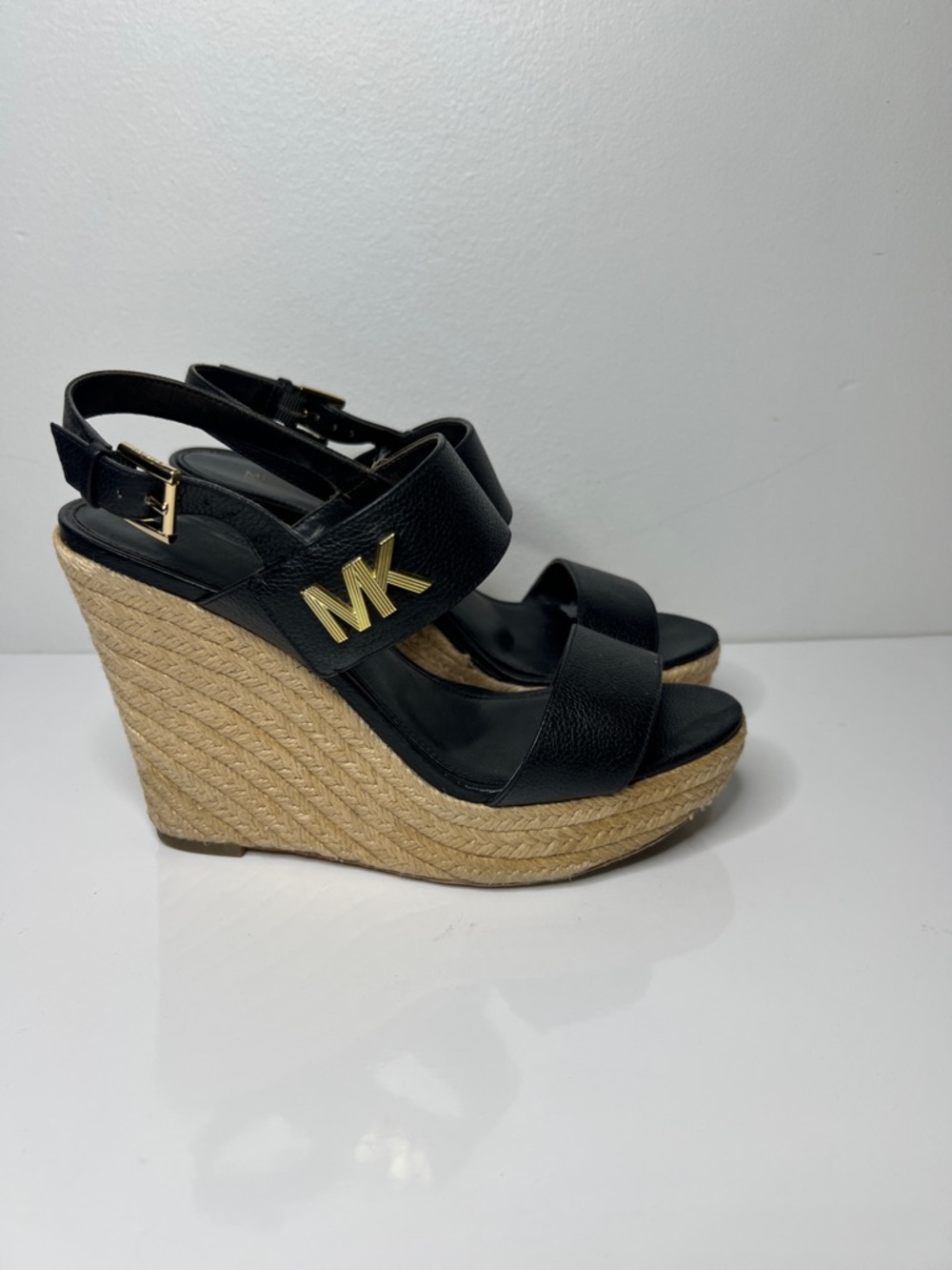 Michael Kors Black Leather Espadrille Wedge Sandals with Gold MK
